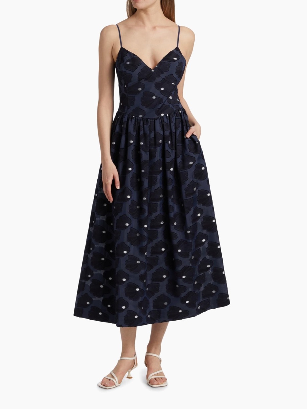 Tanya Taylor Navy Floral Midi Dress with White Dot Accents
